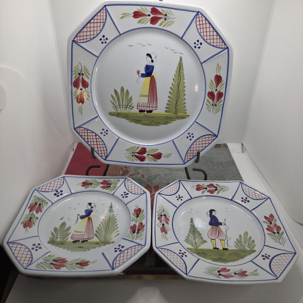 Vtg HB Henriot Quimper Faience Octagonal Plates Trio France Hand Painted Set/3